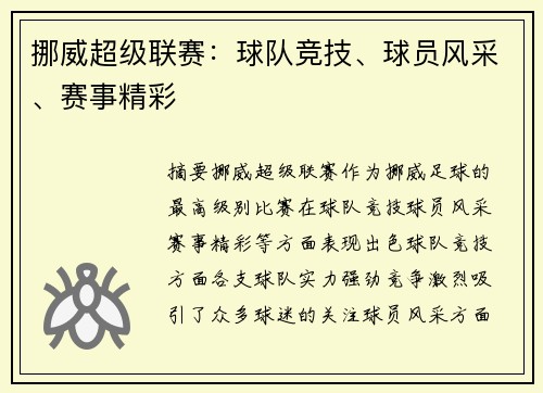 挪威超级联赛：球队竞技、球员风采、赛事精彩
